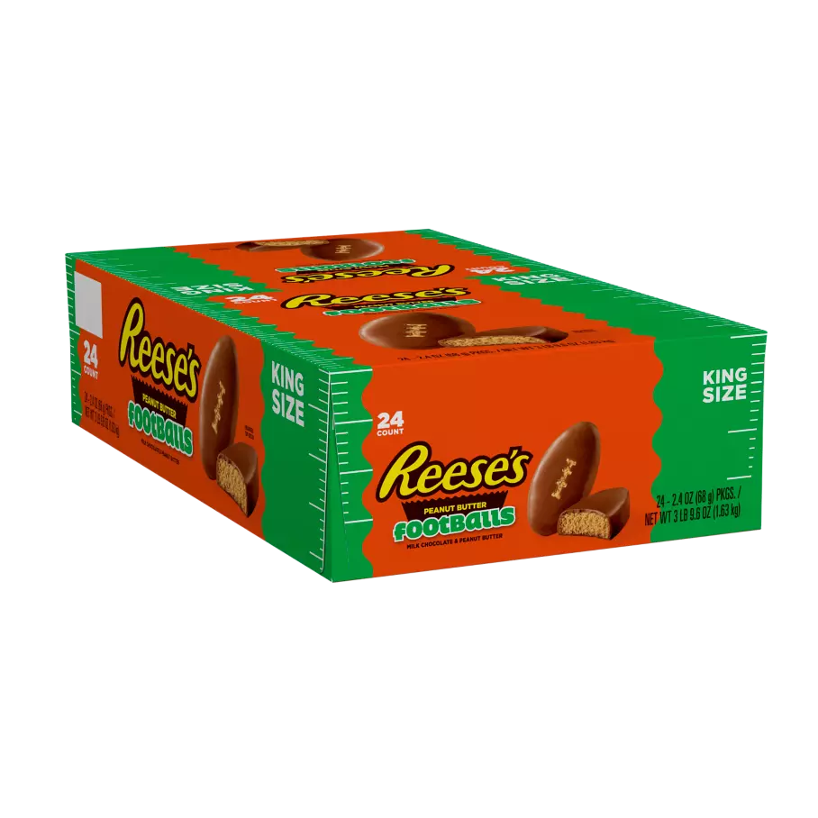 REESE'S Milk Chocolate Peanut Butter King Size Footballs, 2.4 oz, 24 count box - Front of Package
