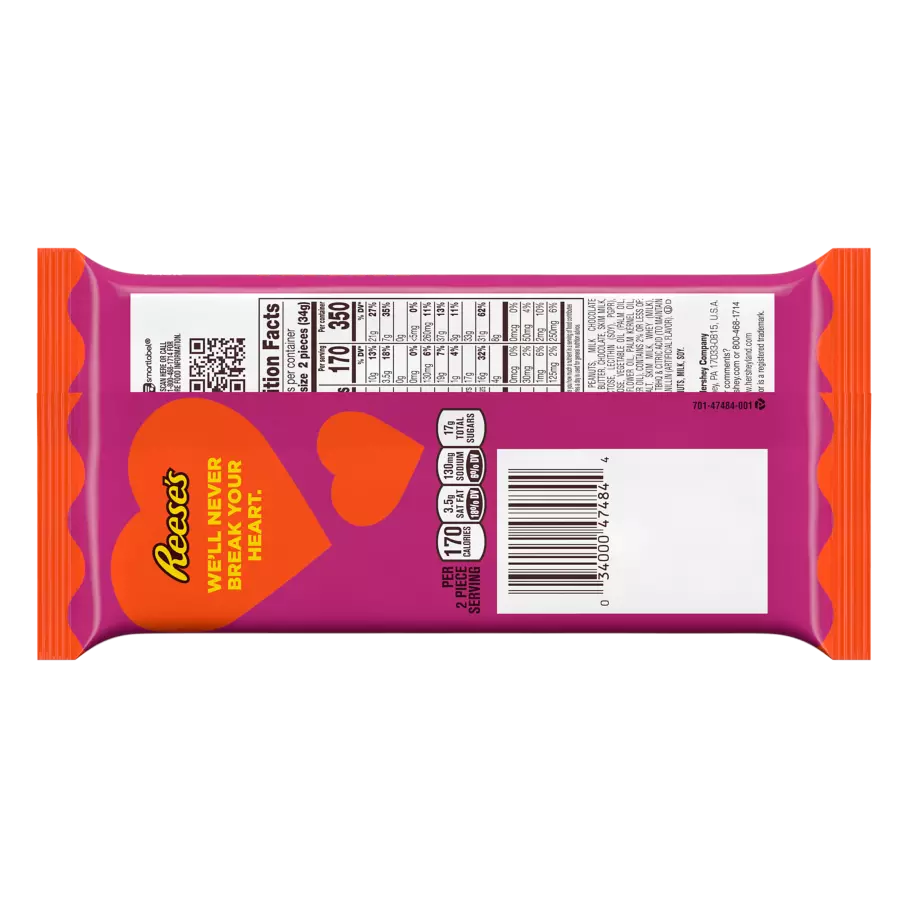 REESE'S Milk Chocolate Peanut Butter Snack Size Hearts, 2.4 oz, 4 pack - Back of Package