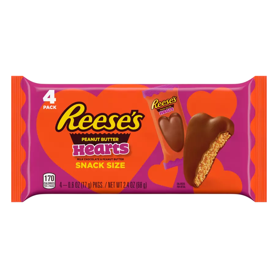 REESE'S Milk Chocolate Peanut Butter Snack Size Hearts, 2.4 oz, 4 pack - Front of Package
