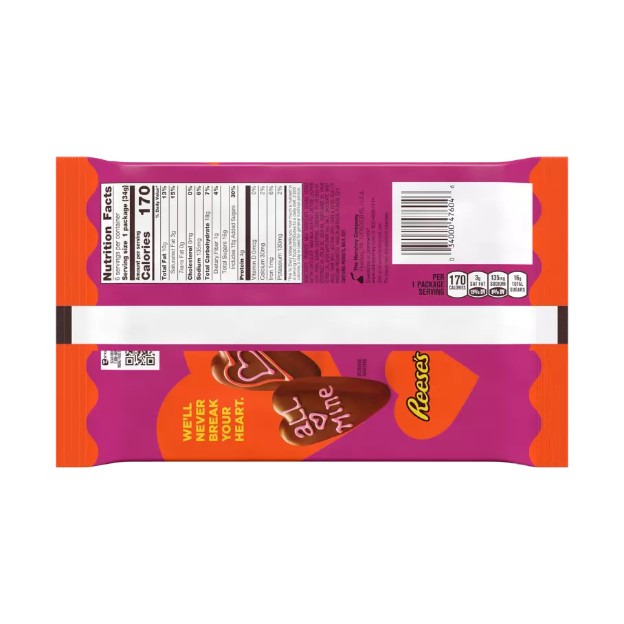 REESE'S Milk Chocolate Peanut Butter Hearts, 1.2 oz, 6 pack - Back of Package