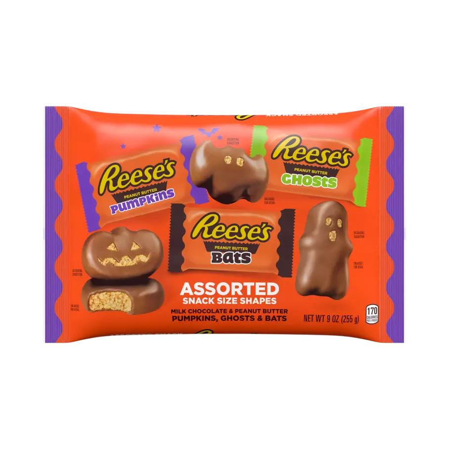 REESE'S Halloween Milk Chocolate Peanut Butter Snack Size Assorted Shapes, 9 oz bag - Front of Package
