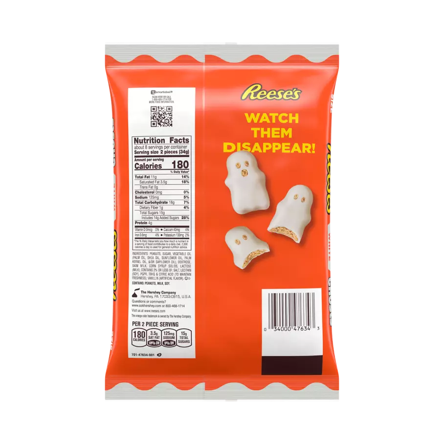 REESE'S White Creme Peanut Butter Snack Size Ghosts, 9.6 oz bag - Back of Package