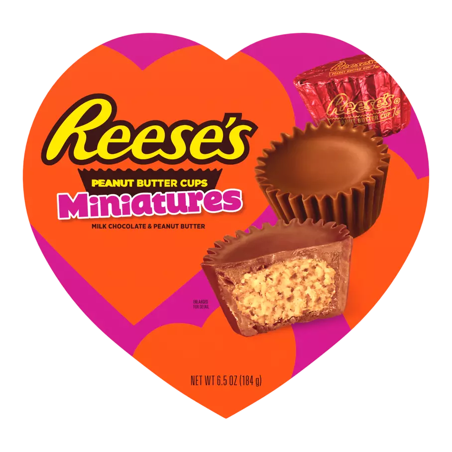 REESE'S Valentine's Milk Chocolate Miniatures Peanut Butter Cups, 6.5 oz box - Front of Package