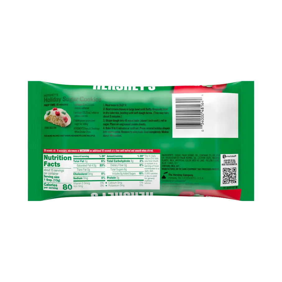 HERSHEY'S Trees & Stockings White Creme Chips, 7 oz bag - Back of Package