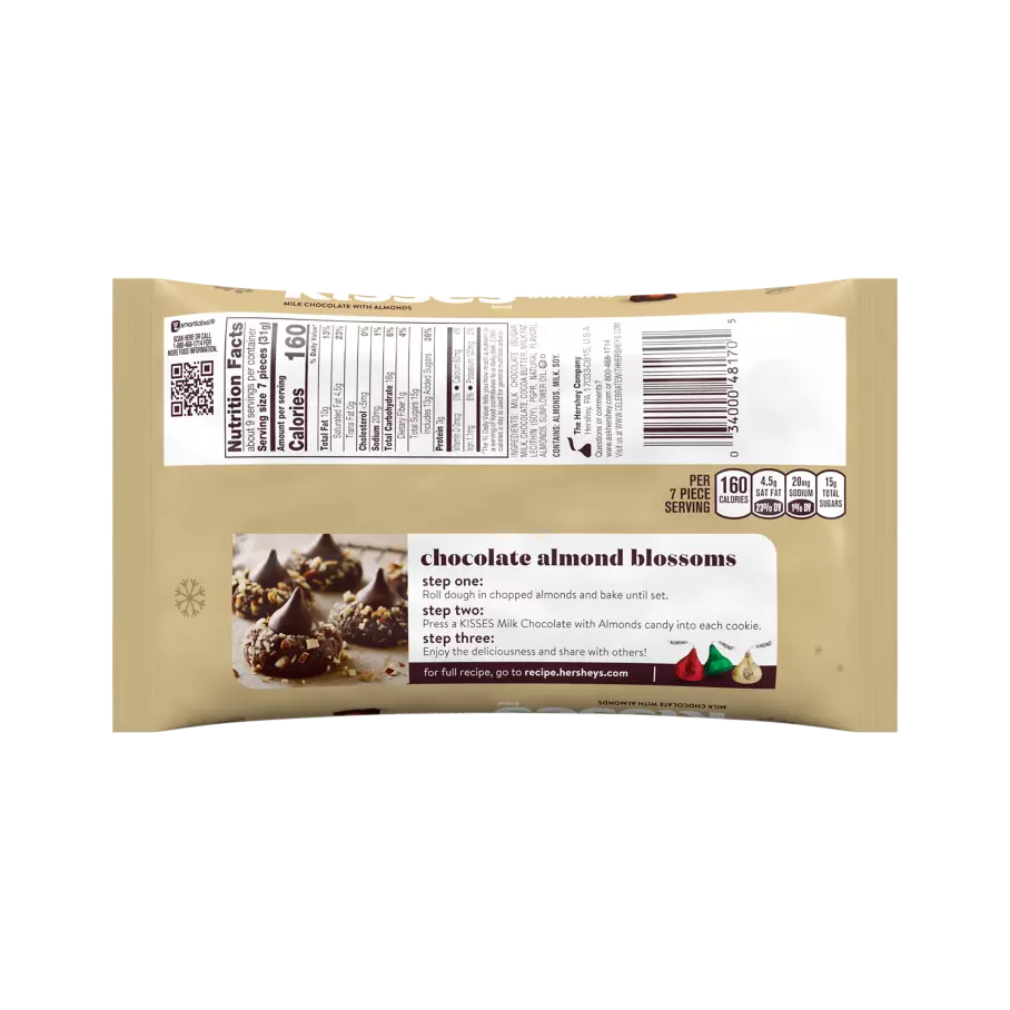 HERSHEY'S KISSES Holiday Milk Chocolate with Almonds Candy, 9.4 oz bag - Back of Package