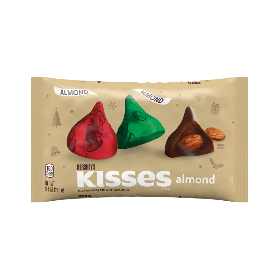 HERSHEY'S KISSES Holiday Milk Chocolate with Almonds Candy, 9.4 oz bag - Front of Package