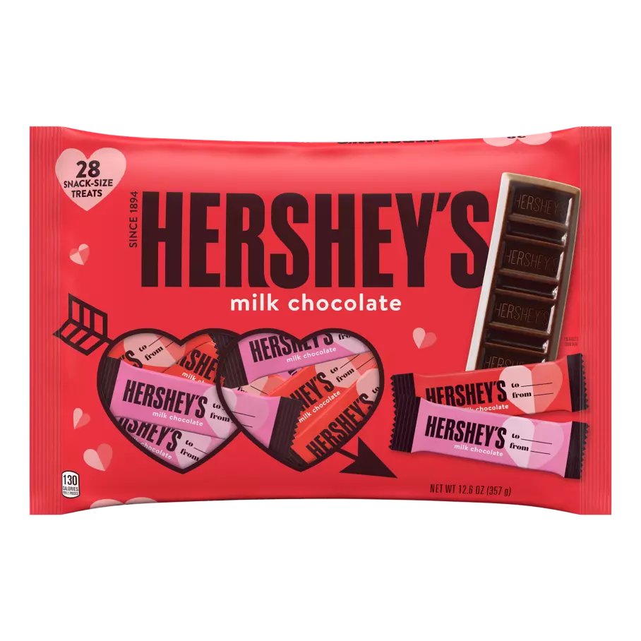 HERSHEY'S Valentine's Milk Chocolate Snack Size Candy Bars, 12.6 oz bag, 28 pieces - Front of Package