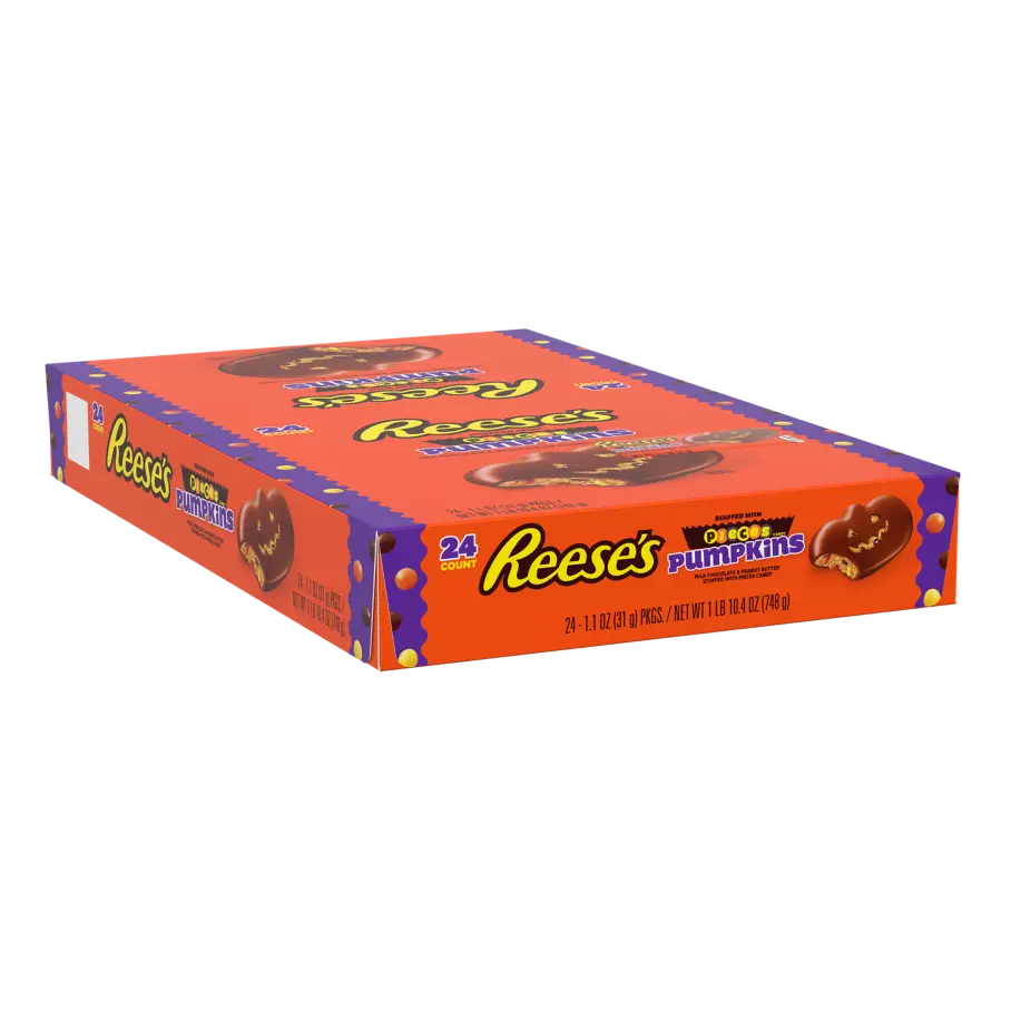 REESE'S STUFFED WITH PIECES Milk Chocolate Peanut Butter Pumpkins, 1.1 oz, 24 count box- Front of Package