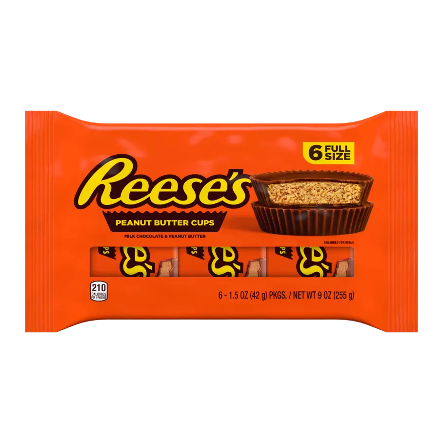 REESE'S Milk Chocolate Peanut Butter Cups, 1.5 oz, 6 pack - Front of Package