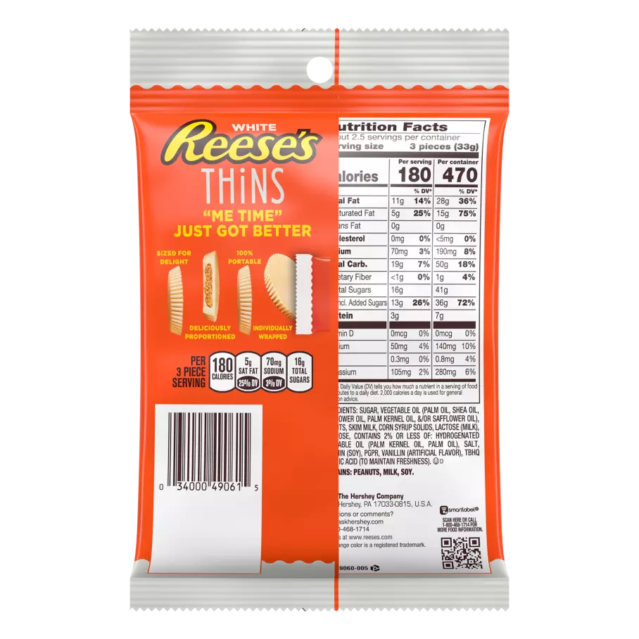 REESE'S THiNS White Creme Peanut Butter Cups, 3.1 oz bag - Back of Package