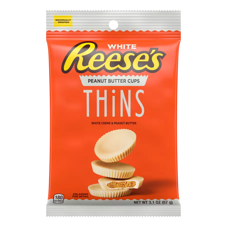 REESE'S THiNS White Creme Peanut Butter Cups, 3.1 oz bag - Front of Package