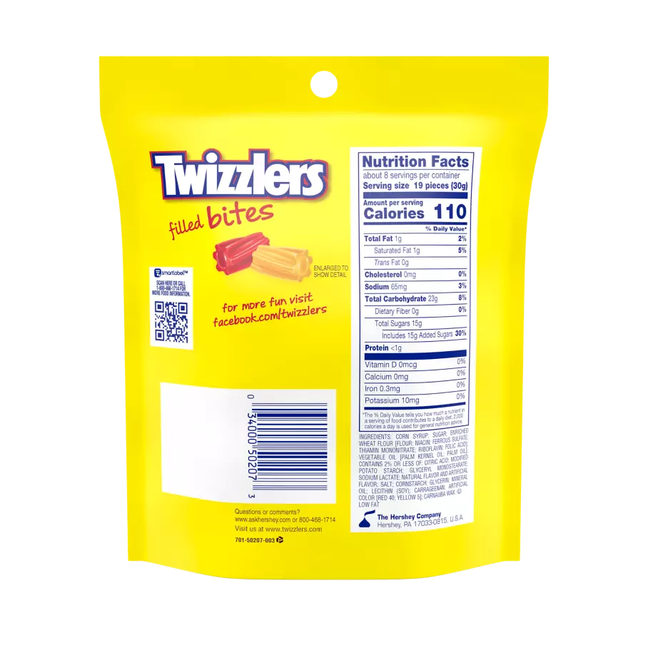 TWIZZLERS Filled Bites Sweet & Sour Cherry Kick Citrus Punch Candy, 8 oz bag - Back of Package