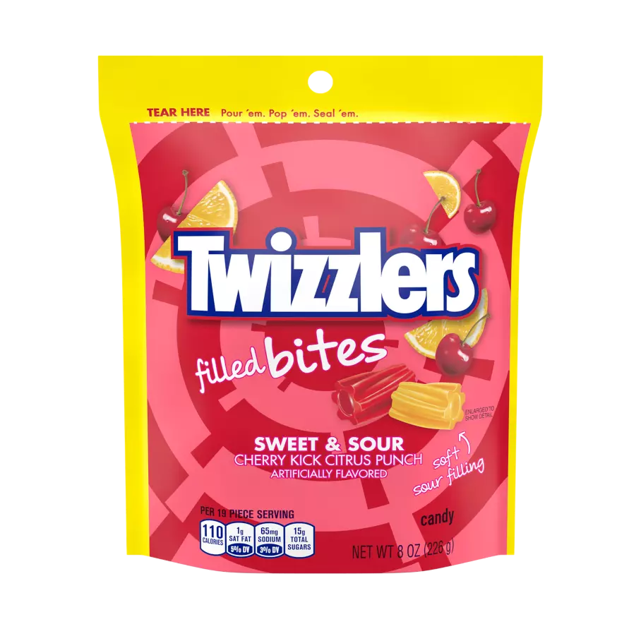 TWIZZLERS Filled Bites Sweet & Sour Cherry Kick Citrus Punch Candy, 8 oz bag - Front of Package