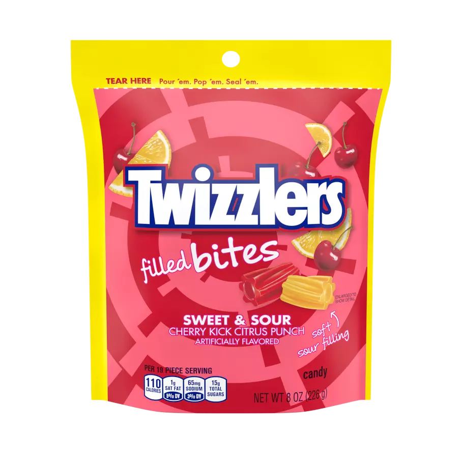 TWIZZLERS Filled Bites Sweet & Sour Cherry Kick Citrus Punch Candy, 8 oz bag