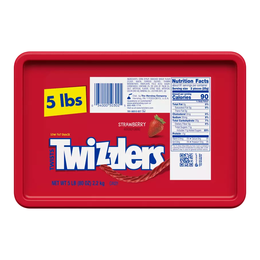 TWIZZLERS Twists Strawberry Flavored Candy, 80 oz tub - Back of Package