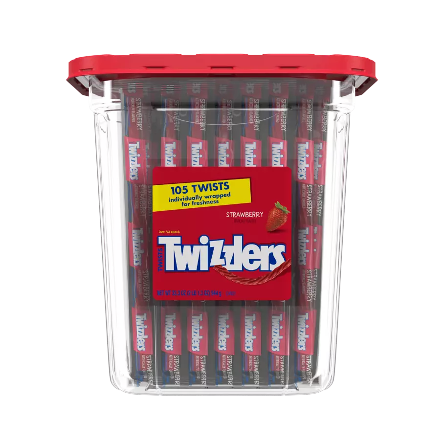 TWIZZLERS Twists Strawberry Flavored Candy, 33.3 oz tub, 105 pieces - Front of Package