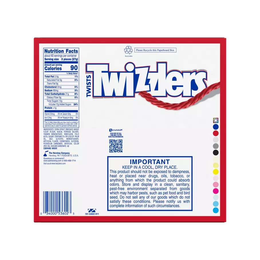 TWIZZLERS Twists Strawberry Flavored Candy, 48 oz box, 180 count - Bottom of Package