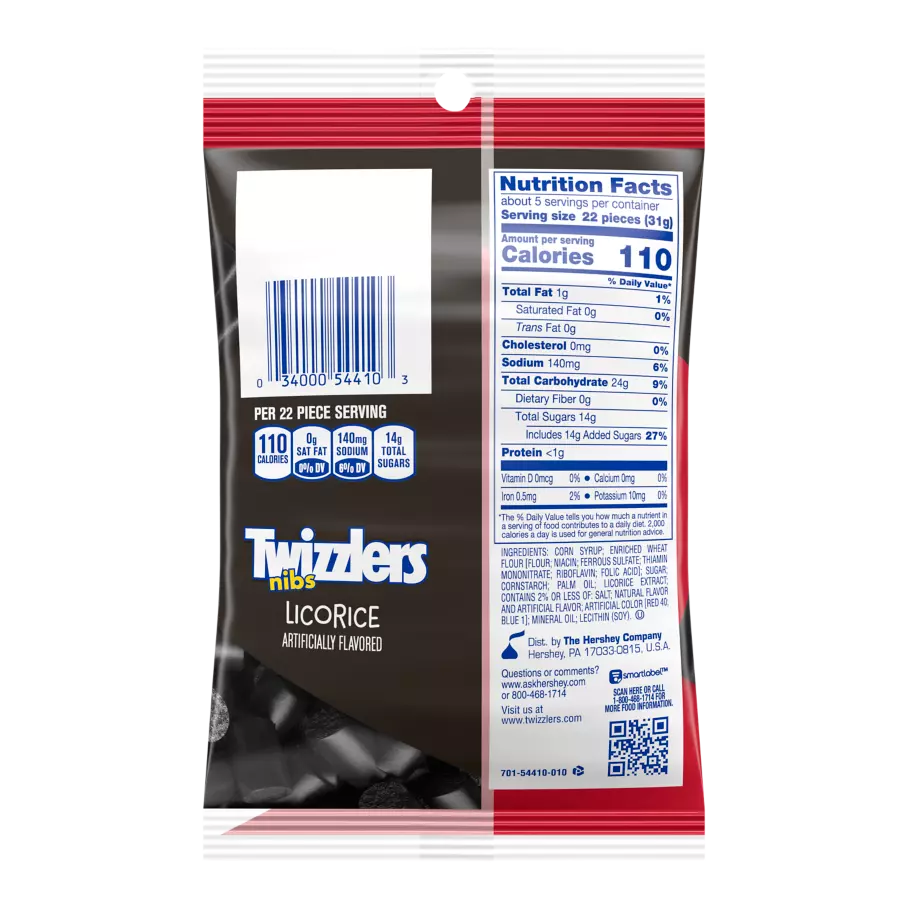TWIZZLERS NIBS Black Licorice Candy, 6 oz bag - Back of Package