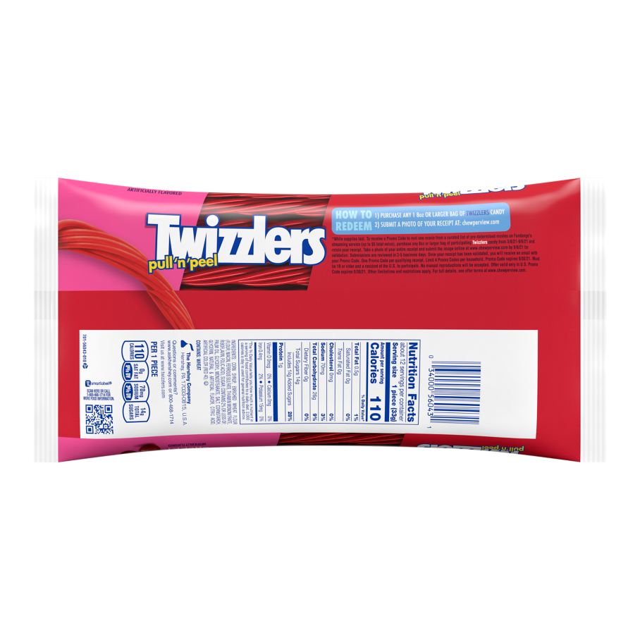 TWIZZLERS PULL 'N' PEEL Cherry Flavored Candy, 14 oz bag - Back of Package