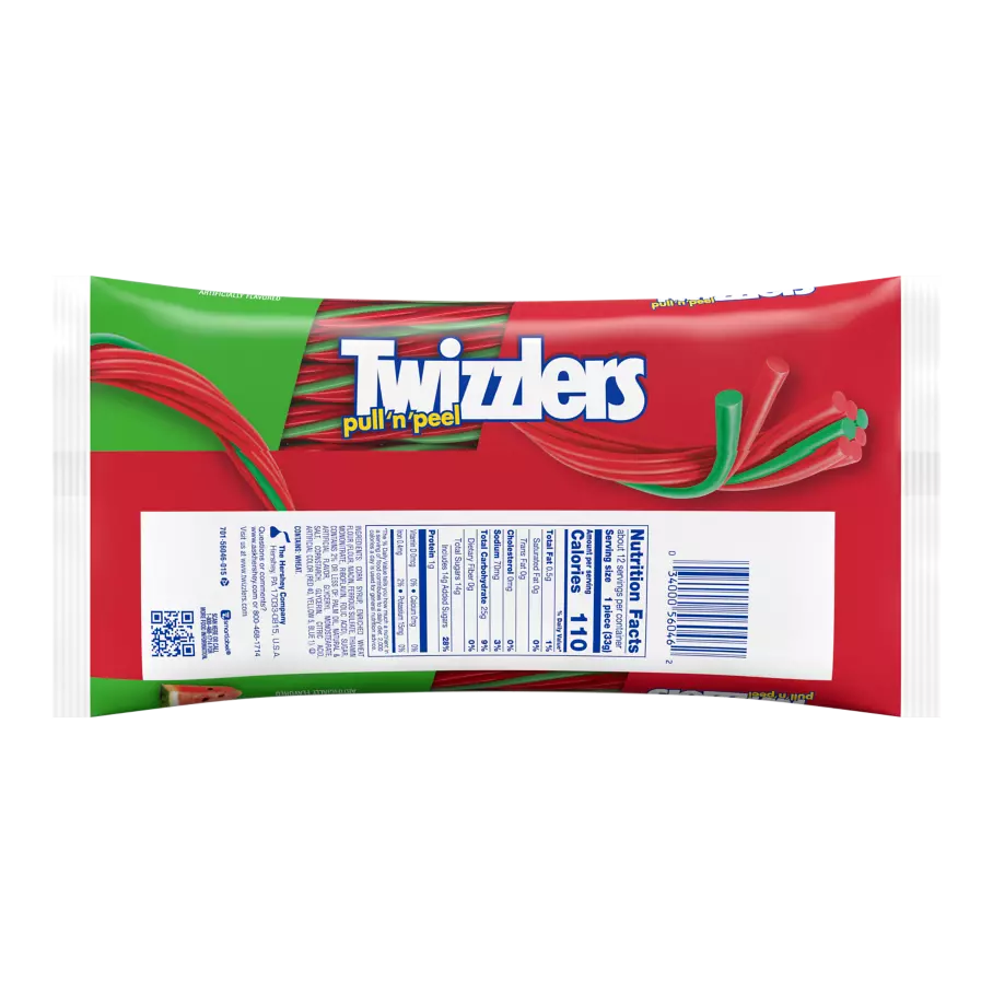 TWIZZLERS PULL 'N' PEEL Watermelon Flavored Candy, 14 oz bag - Back of Package