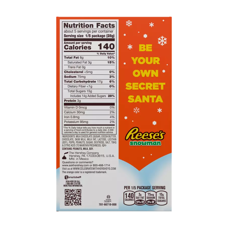 REESE'S Milk Chocolate Peanut Butter Snowman, 5 oz box - Back of Package