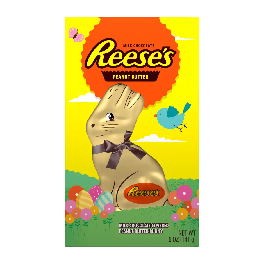 REESE'S Gold Milk Chocolate Peanut Butter Bunny, 5 oz box - Front of Package