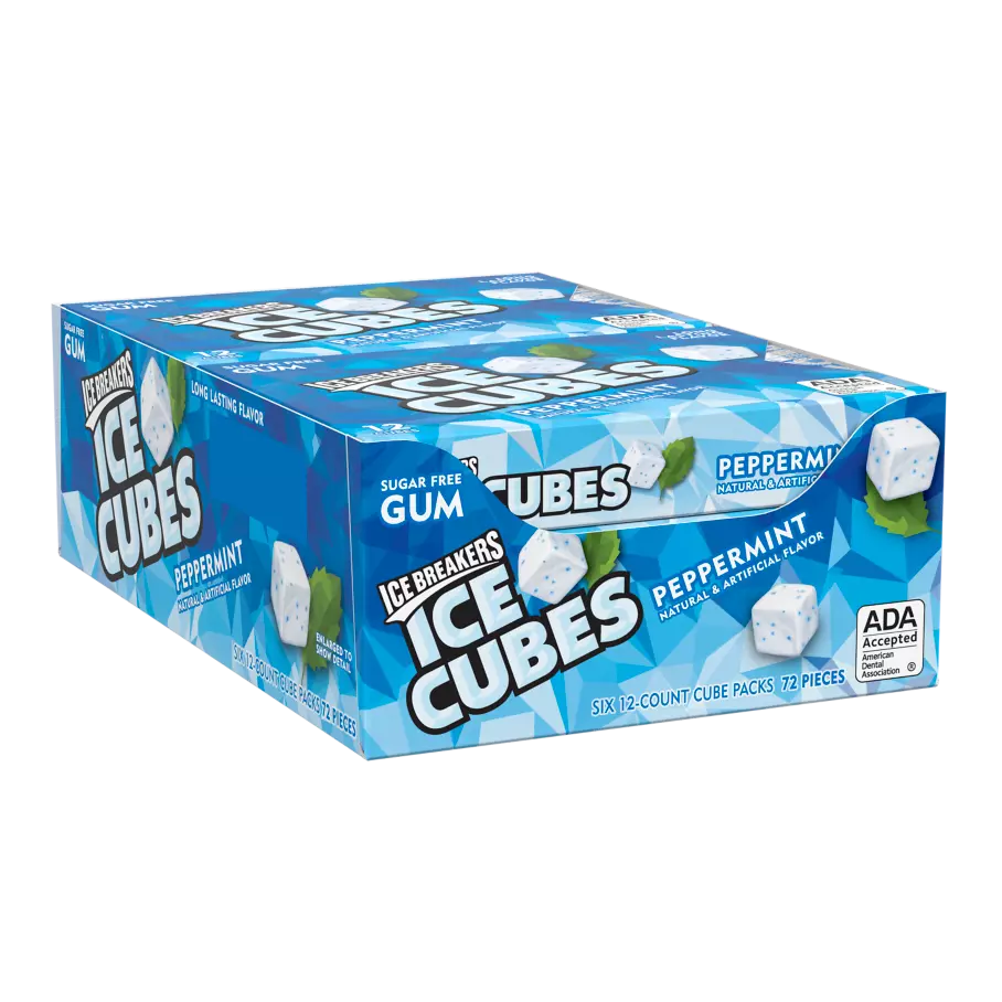 ICE BREAKERS ICE CUBES Peppermint Sugar Free Gum, 0.976 oz box, 12 count - Front of Package