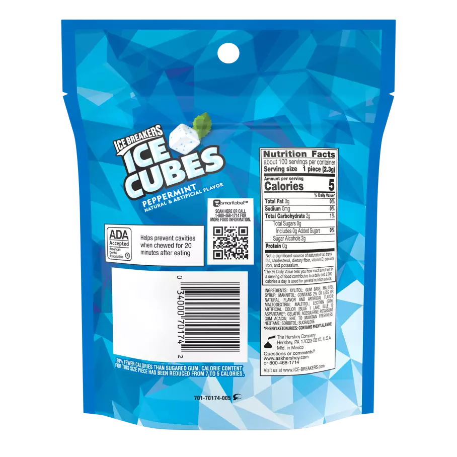 ICE BREAKERS ICE CUBES Peppermint Sugar Free Gum, 8.11 oz bag, 100 pieces - Back of Package