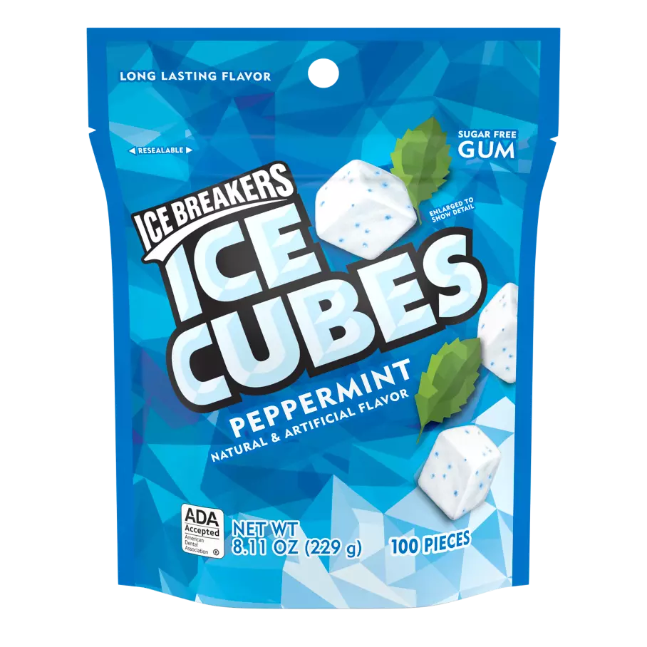ICE BREAKERS ICE CUBES Peppermint Sugar Free Gum, 8.11 oz bag, 100 pieces - Front of Package
