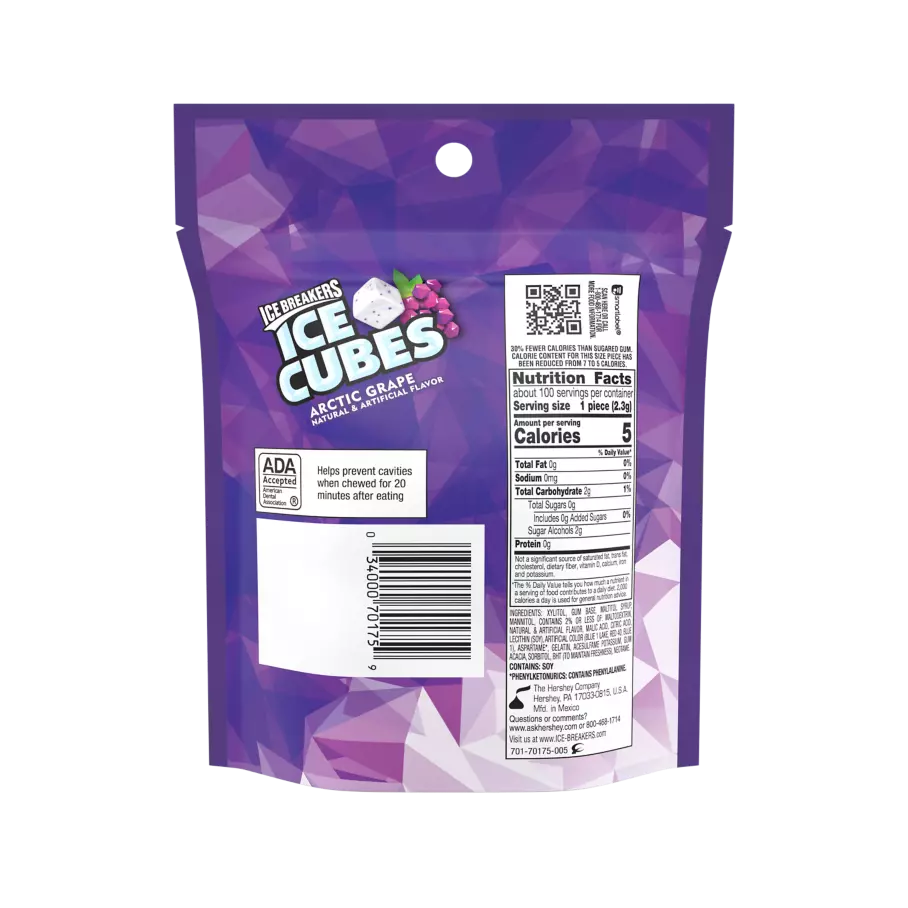 ICE BREAKERS ICE CUBES ARCTIC GRAPE Sugar Free Gum, 8.11 oz bag, 100 pieces