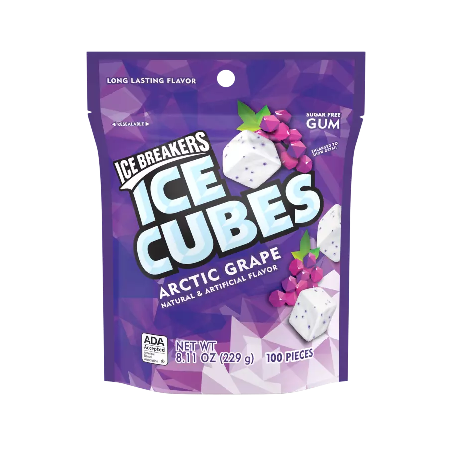 ICE BREAKERS ICE CUBES ARCTIC GRAPE Sugar Free Gum, 8.11 oz bag, 100 pieces - Front of Package