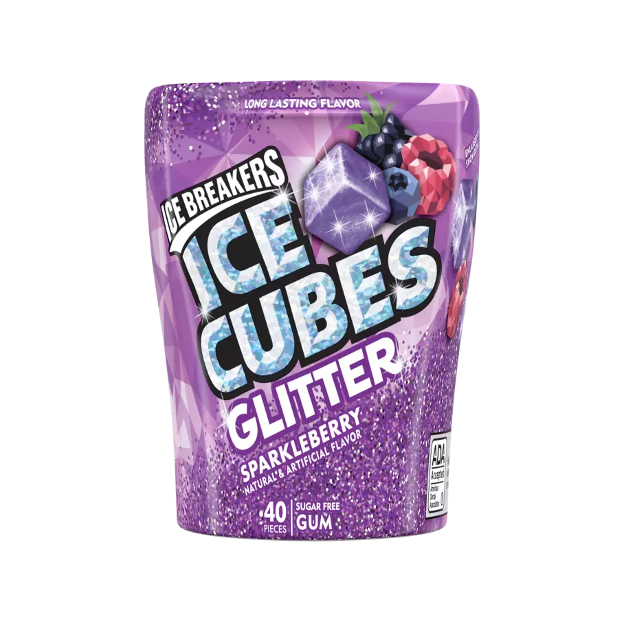 ICE BREAKERS ICE CUBES Glitter Sparkleberry Sugar Free Gum, 3.24 oz bottle, 40 pieces - Front of Package