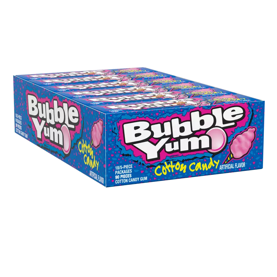 BUBBLE YUM Cotton Candy Bubble Gum, 1.4 oz, 18 count box - Front of Package