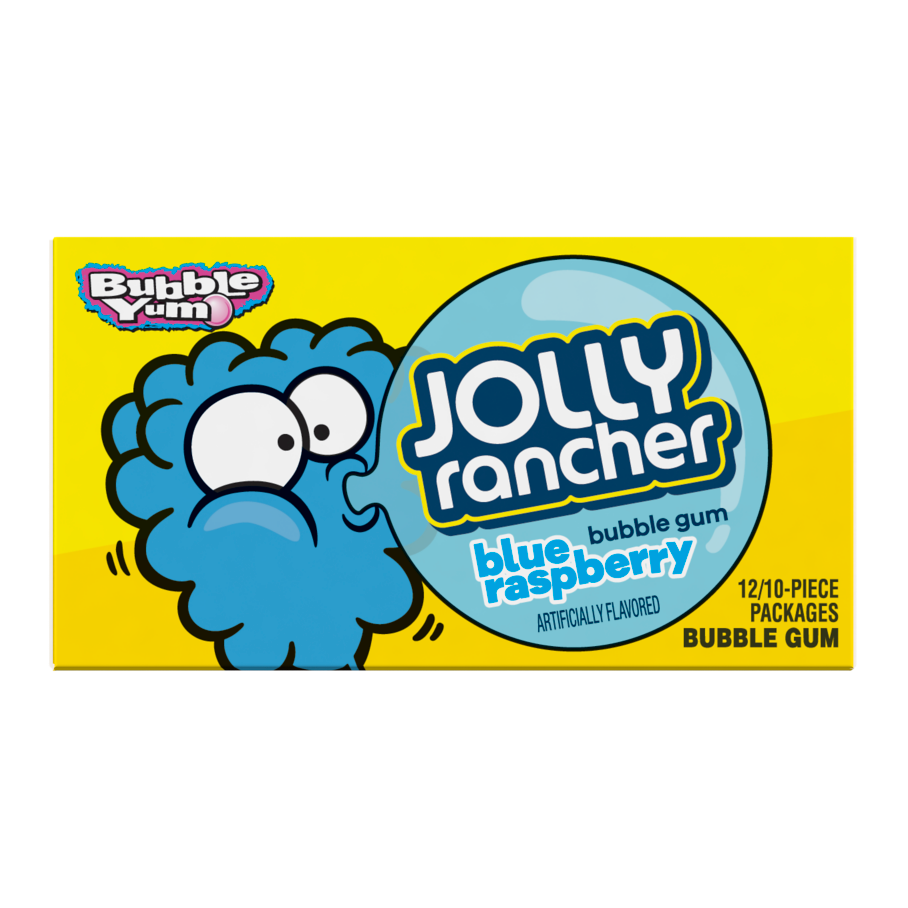 BUBBLE YUM JOLLY RANCHER Blue Raspberry Flavor Bubble Gum, 2.8 oz box, 12 pack - Front of Package