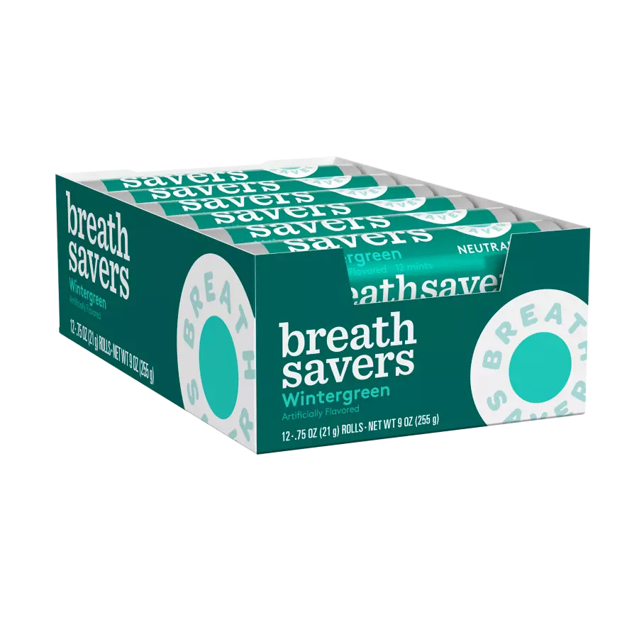 BREATH SAVERS Wintergreen Sugar Free Mints, 9 oz box, 12 pack - Front of Package