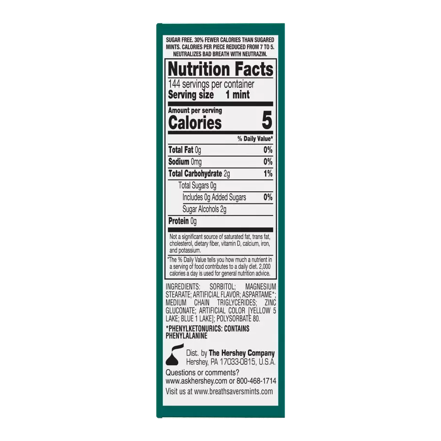 BREATH SAVERS Wintergreen Sugar Free Mints, 9 oz box, 12 pack - Back of Package