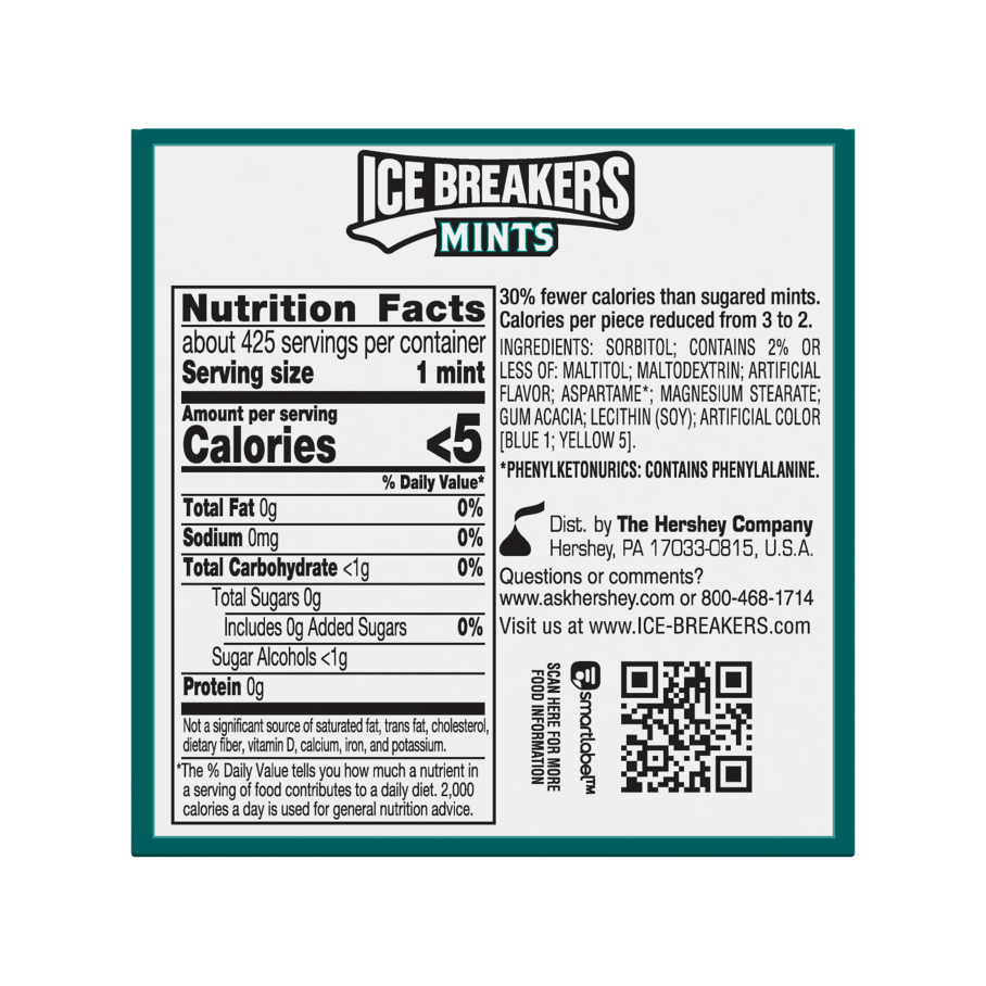 ICE BREAKERS Wintergreen Sugar Free Mints, 12 oz box, 8 pack - Back of Package