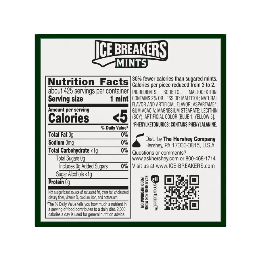 ICE BREAKERS Spearmint Sugar Free Mints, 12 oz box, 8 pack - Back of Package