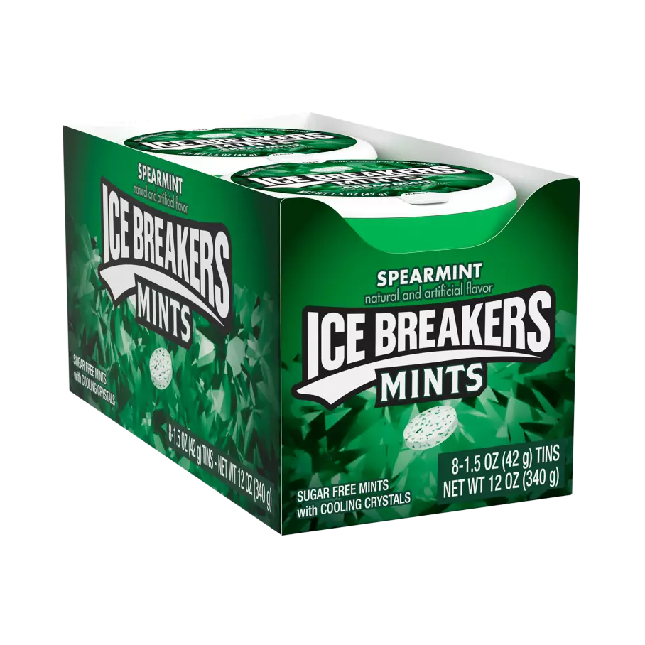 ICE BREAKERS Spearmint Sugar Free Mints, 12 oz box, 8 pack - Front of Package