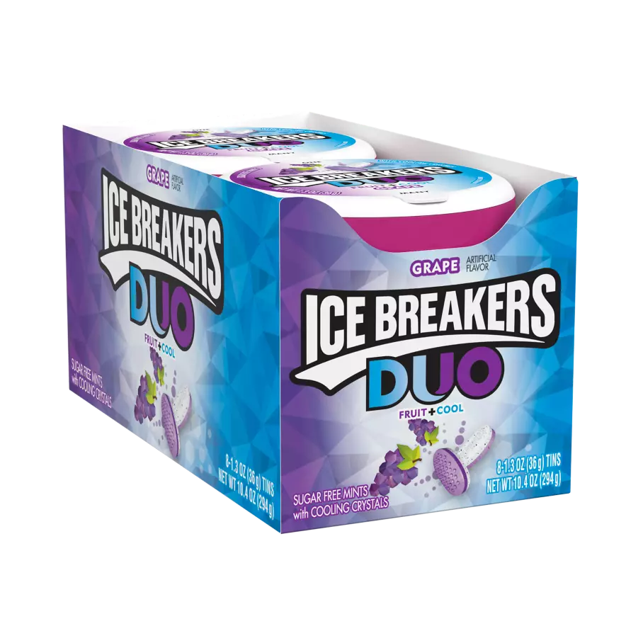 ICE BREAKERS DUO Grape Sugar Free Mints, 10.4 oz box, 8 pack - Front of Package