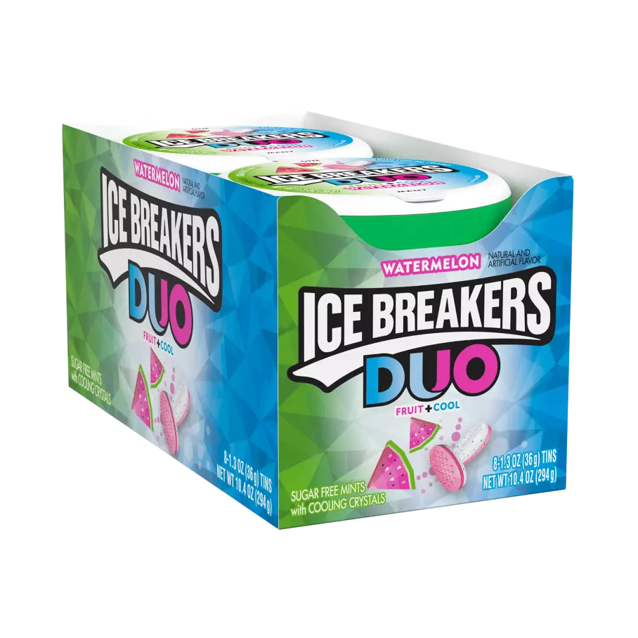 ICE BREAKERS DUO Watermelon Sugar Free Mints, 10.4 oz box, 8 pack - Front of Package