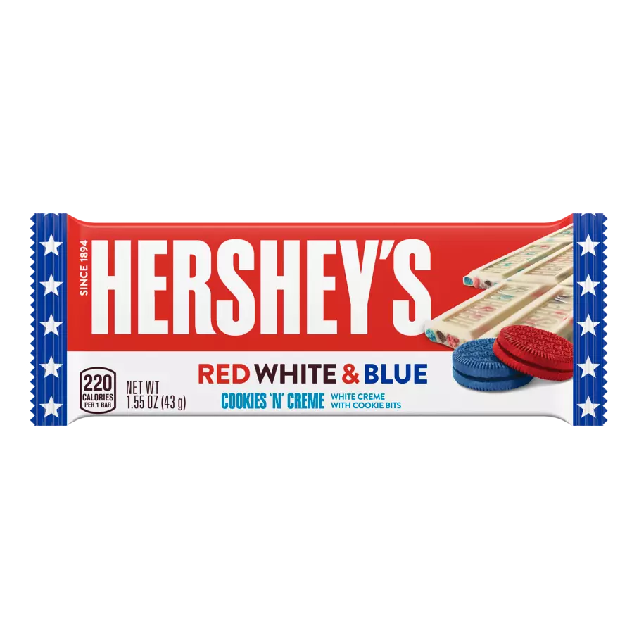 HERSHEY’S Cookies ‘N’ Creme Red, White & Blue Candy Bar, 1.55 oz - Front of Package