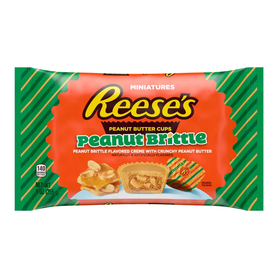 REESE'S Holiday Peanut Brittle Miniatures Peanut Butter Cups, 9 oz bag - Front of Package