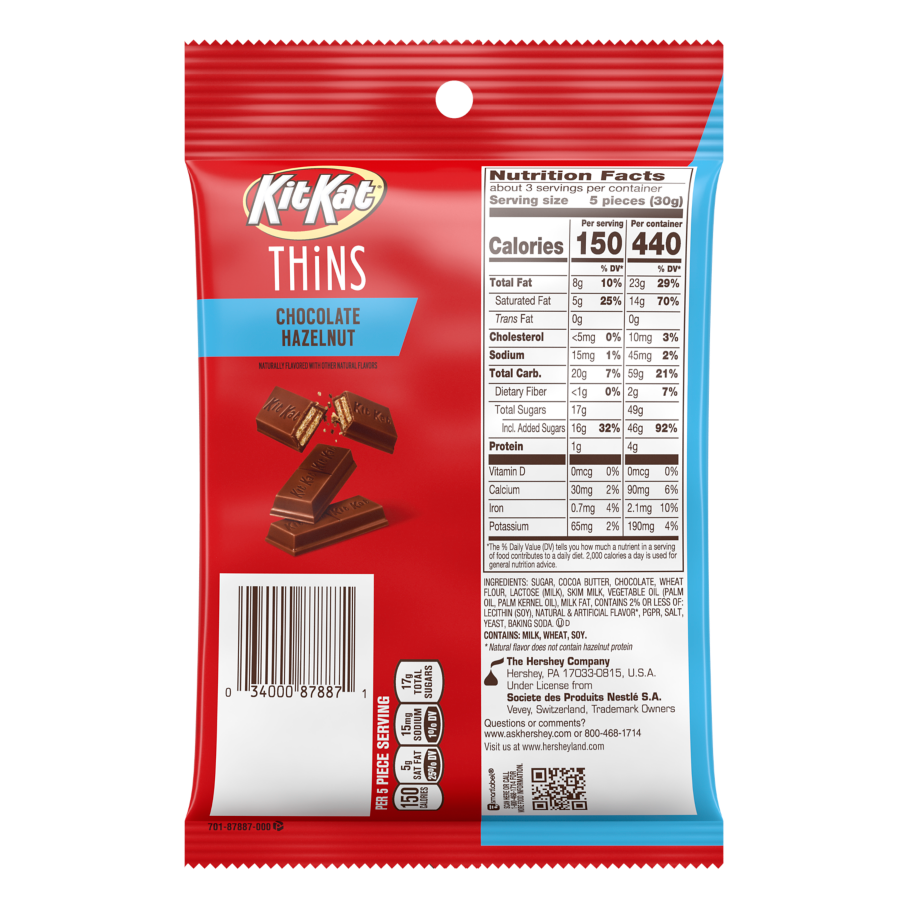 KIT KAT® THiNS Chocolate Hazelnut Candy, 3.1 oz bag - Back of Package