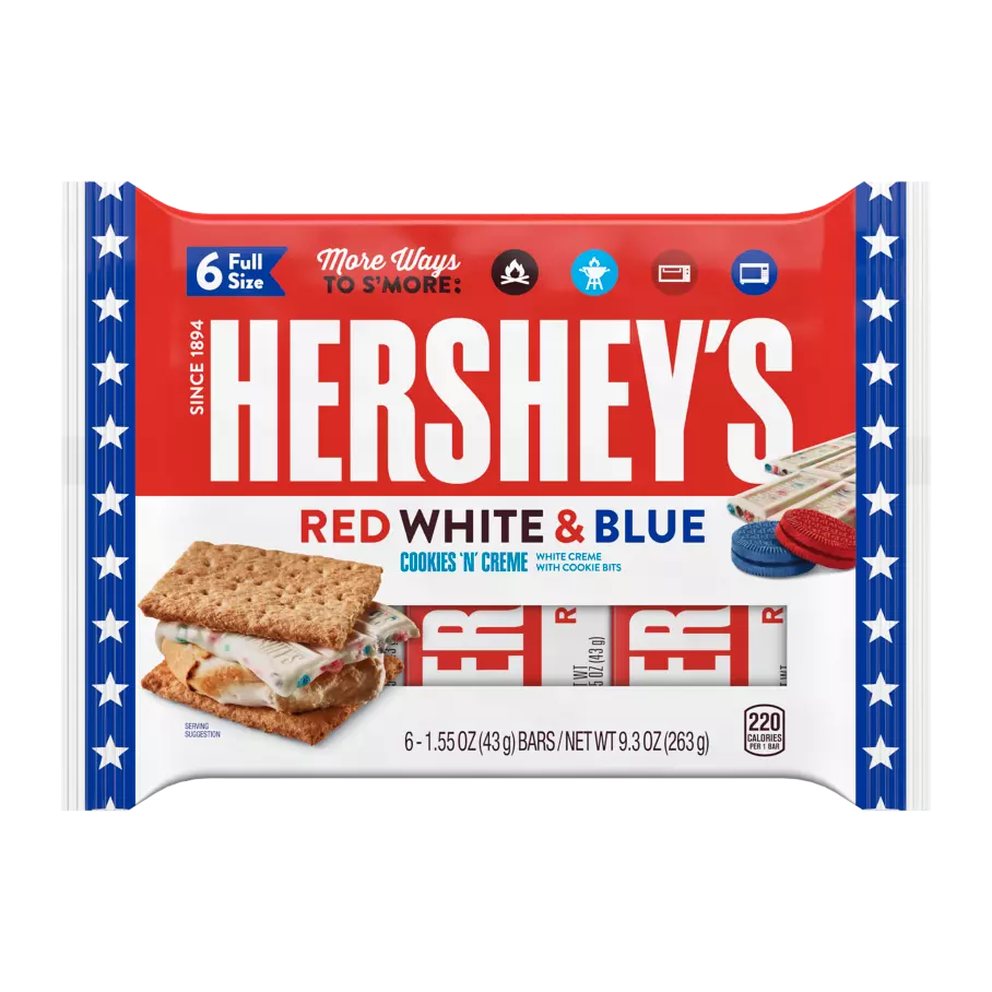HERSHEY’S COOKIES ‘N’ CREME Red, White & Blue Candy Bars, 1.55 oz, 6 pack - Front of Package