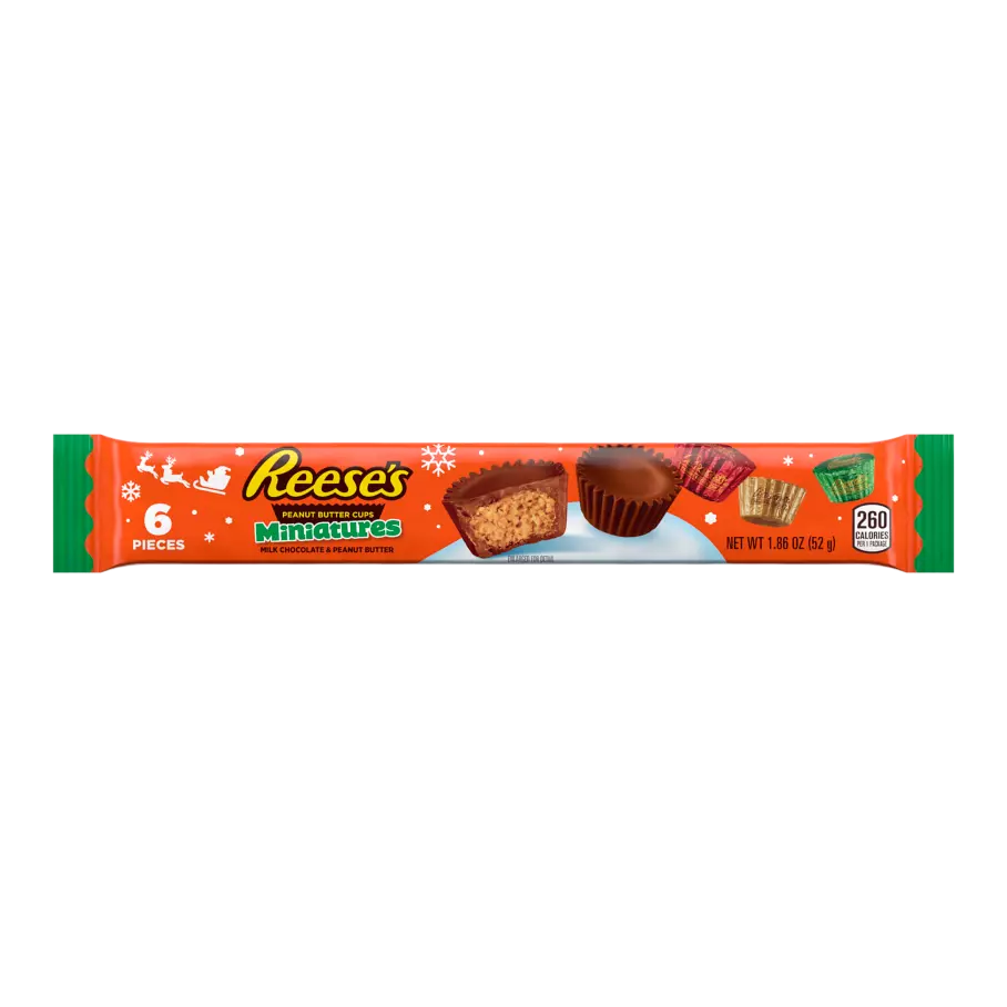 REESE'S Holiday Milk Chocolate Miniatures Peanut Butter Cups, 1.86 oz sleeve, 6 pieces - Front of Package