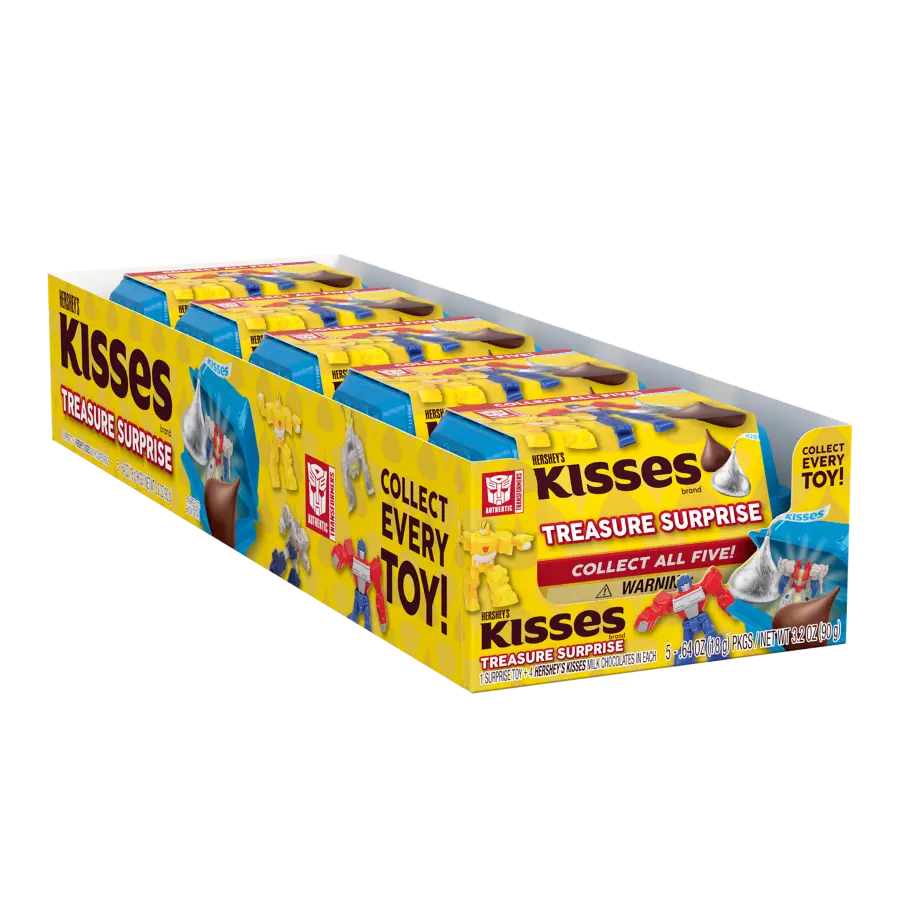 HERSHEY'S KISSES Transformers Milk Chocolate Treasure Surprise, 3.2 oz box, 5 pack - Front of Package