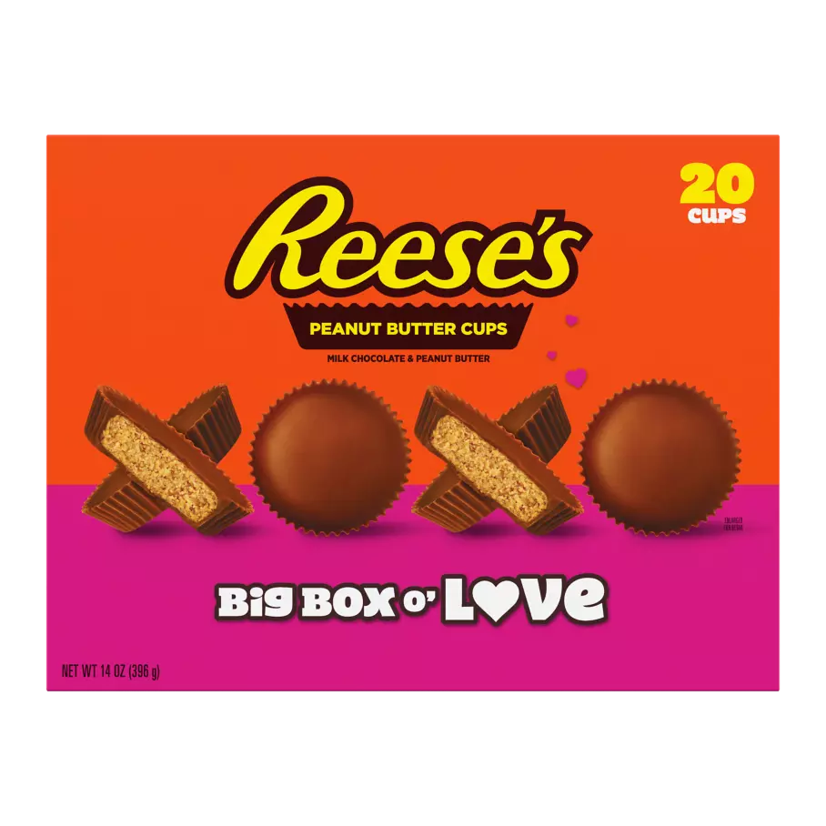 REESE'S Big Box O' Love Milk Chocolate Peanut Butter Cups, 14 oz box, 20 pieces - Front of Package