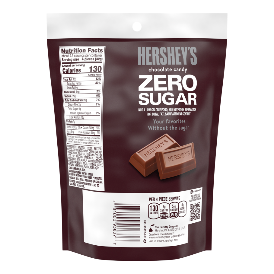 HERSHEY'S Zero Sugar Chocolate Candy Bars, 5.1 oz bag - Back of Package