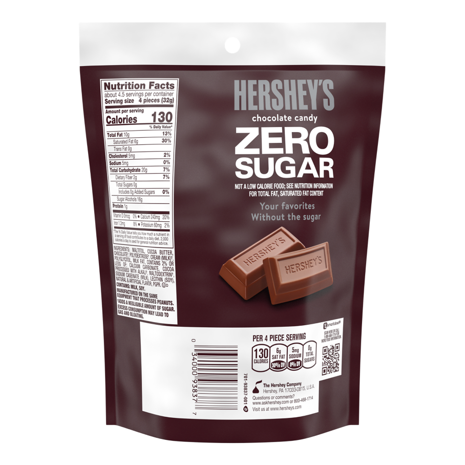 HERSHEY'S Zero Sugar Chocolate Candy Bars, 5.1 oz bag